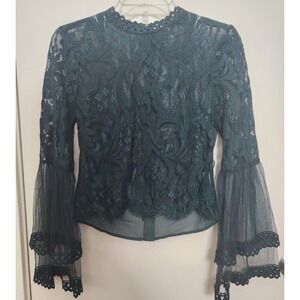 Peach Green Mesh Lace Illusion Long Sleeve Top Bell Ruffle Sleeve Large Feminine